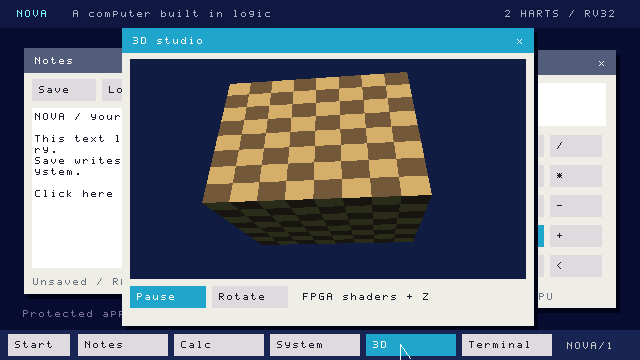 NOVA's desktop as captured from the KR260: a textured 3D cube in a 3D Studio window.